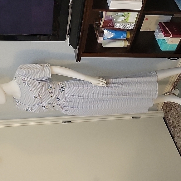 ANOTHER THYME 1980s Icy Blue Floral Gingham Tie Back Coquette Land Girl Dress - Picture 2 of 10